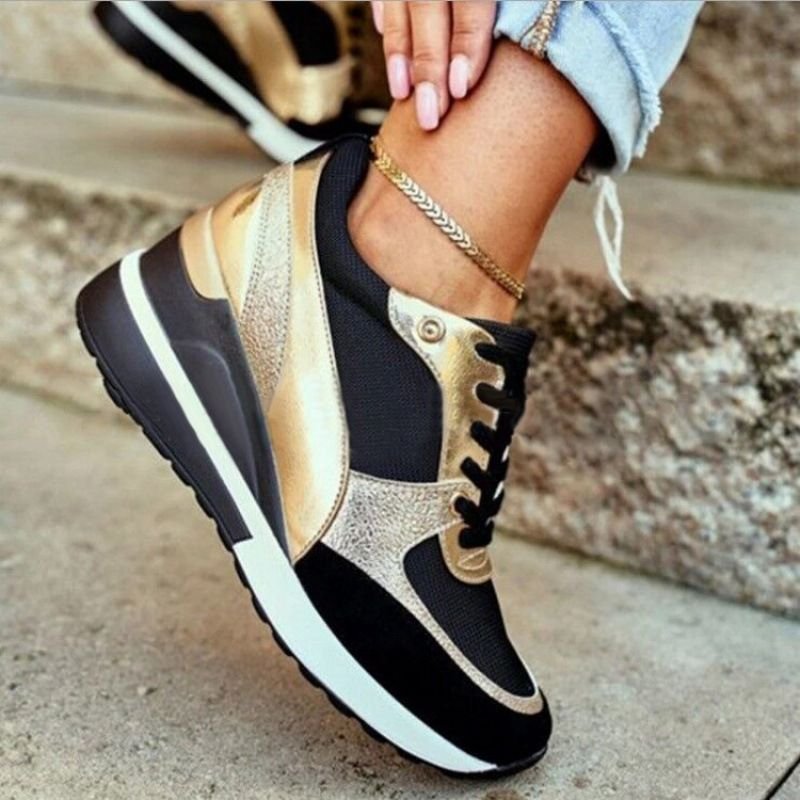 Women Casual Plus Size Colorblock Round Toe Lace-Up Wedge Heel Sneaker